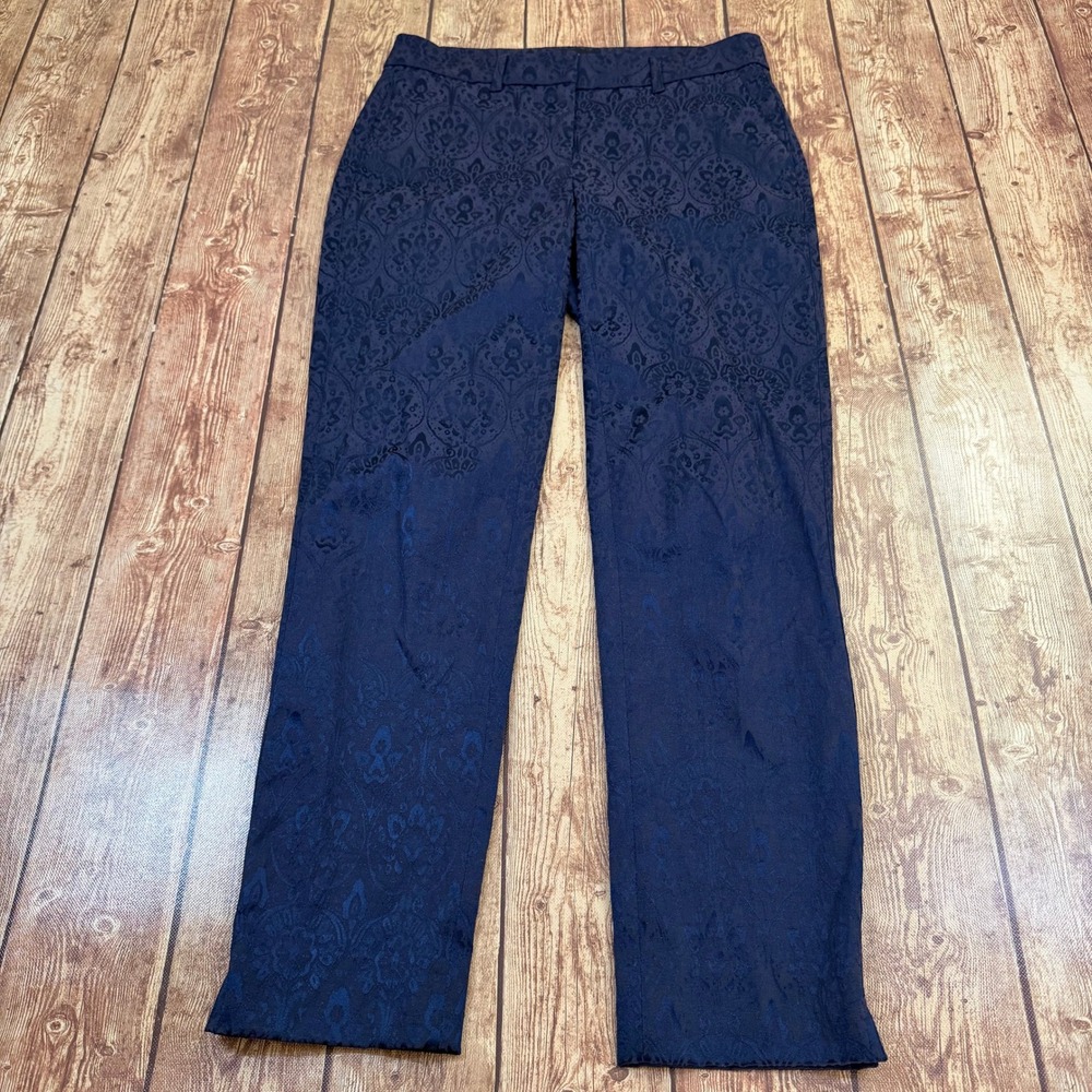 White House Black Market The Slim Ankle Pants Womens size 0 Navy Blue Damask